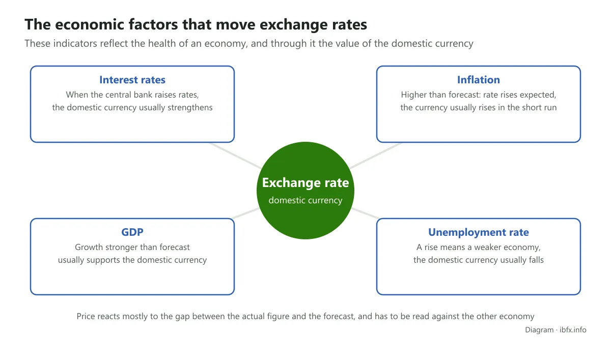 Diagram of the economic factors that move exchange rates: interest rates, inflation, GDP, the unemployment rate and how each usually moves a currency
