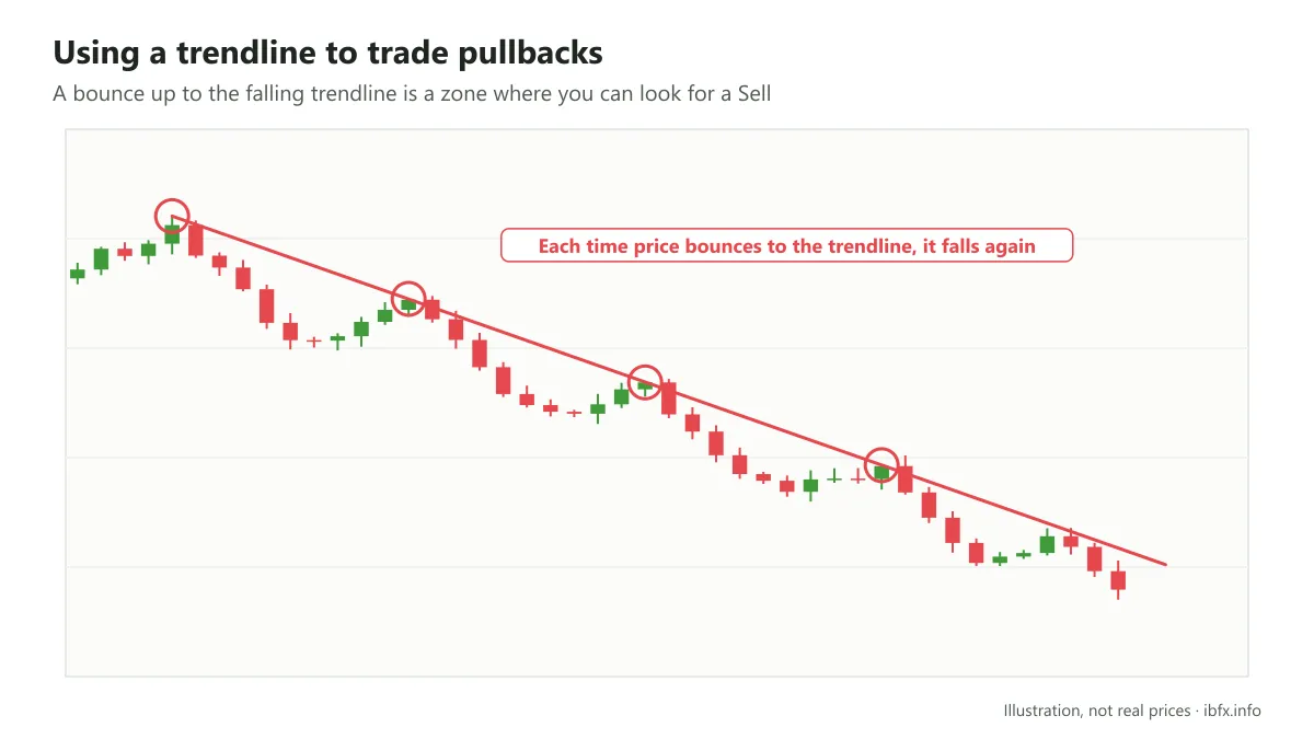 Chart illustrating a downtrend: price bounces up to the falling trendline several times and then falls again