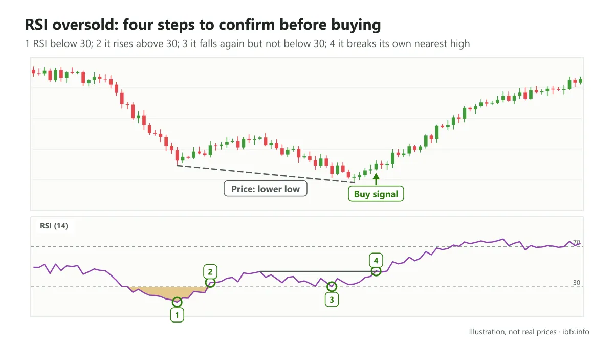 Chart of the four steps that confirm an oversold RSI: below 30, back above 30, a fall that stays above 30, then a break of the nearest high