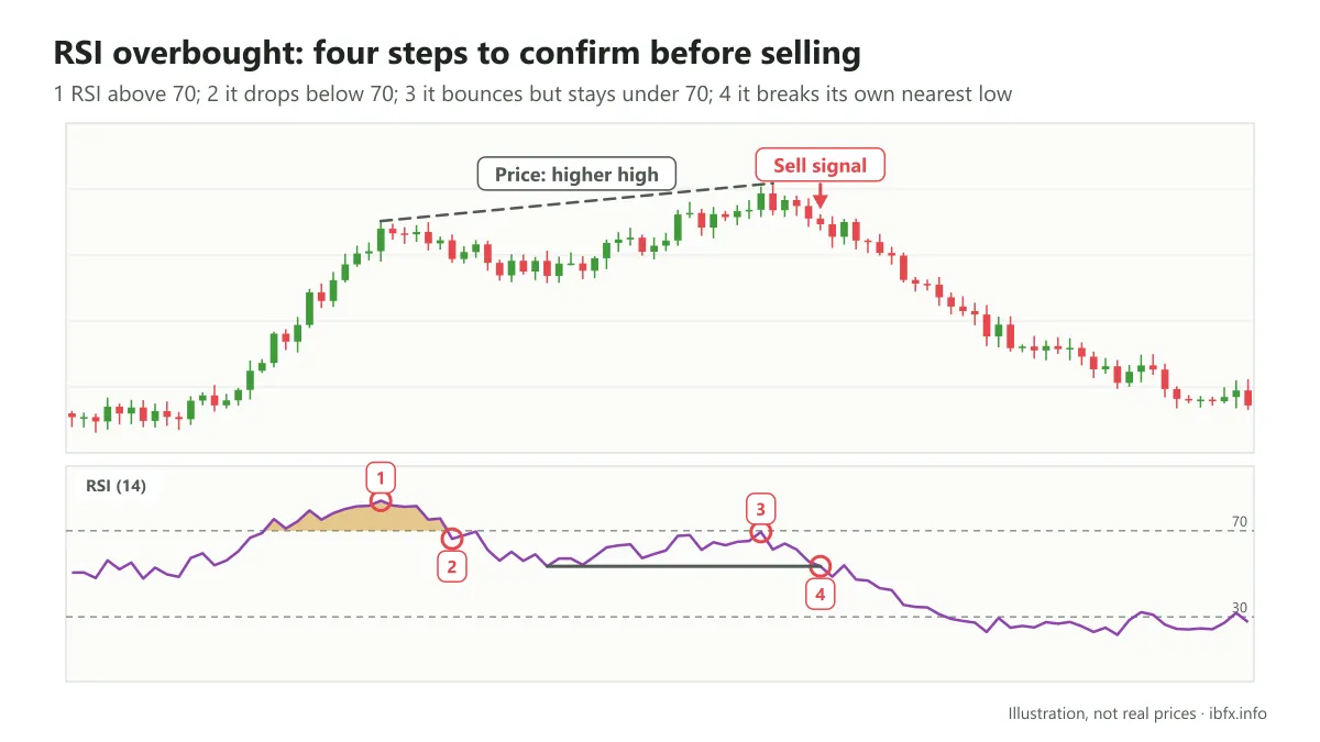 Chart of the four steps that confirm an overbought RSI: above 70, back below 70, a bounce that stays under 70, then a break of the nearest low