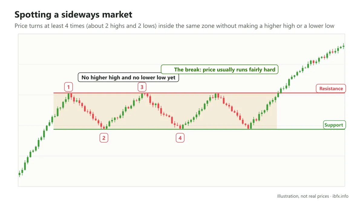 Chart illustrating a sideways market: price turns 4 times between support and resistance, makes no higher high or lower low, then breaks up
