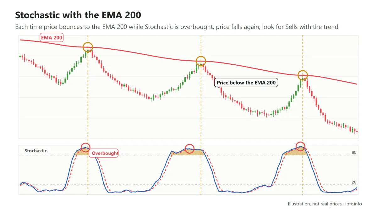 Chart of a downtrend under the EMA 200: price bounces up to the EMA 200 three times just as Stochastic is overbought, then falls again