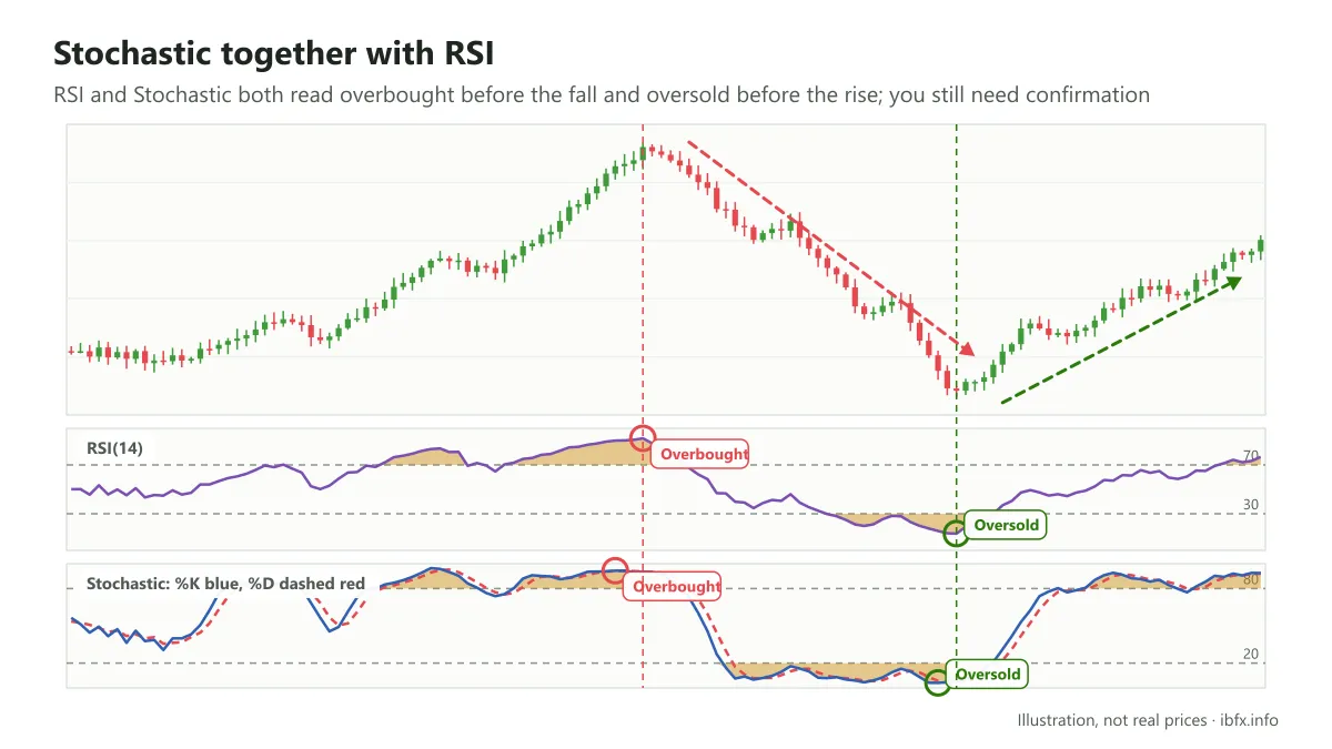 Chart of RSI and Stochastic both reading overbought before price falls, then both reading oversold before price rises again