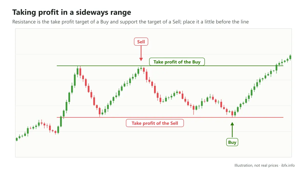 Illustration of a sideways price range: a Buy at support takes profit near resistance, a Sell at resistance takes profit near support