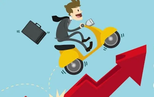 Cartoon of a businessman riding a scooter up a rising red arrow, with his briefcase flying behind him, standing for an uptrend