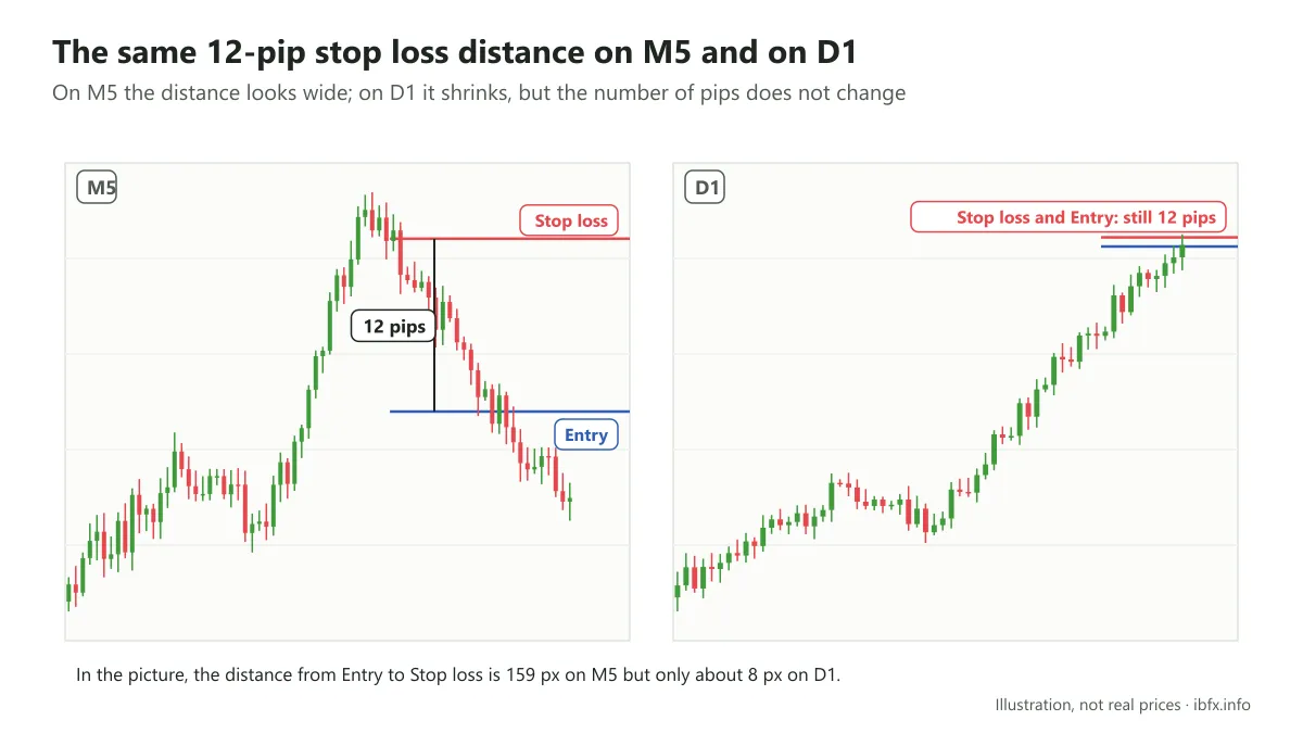 Chart of the same Sell trade with a stop 12 pips from the entry: on M5 the gap looks wide, on D1 the two lines almost touch