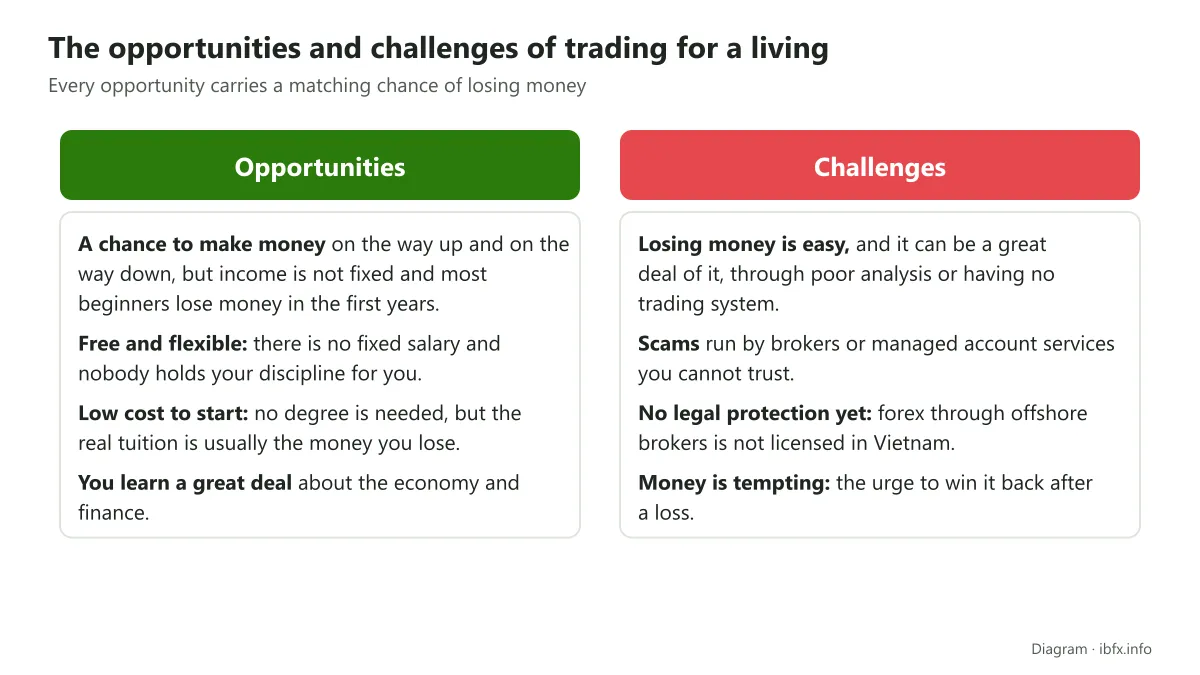 Diagram of the opportunities and challenges of trading: income is not steady, and you can lose money, meet scams or have no legal protection