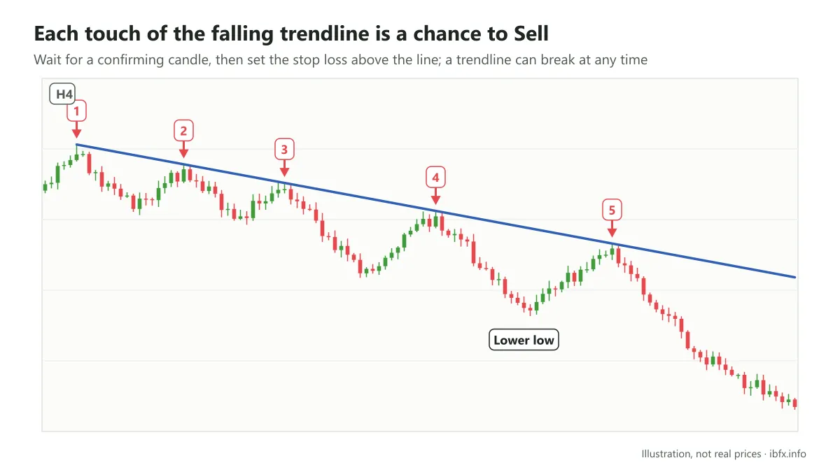 Chart on H4: price touches the blue falling trendline five times, each numbered, and each touch is a chance to Sell