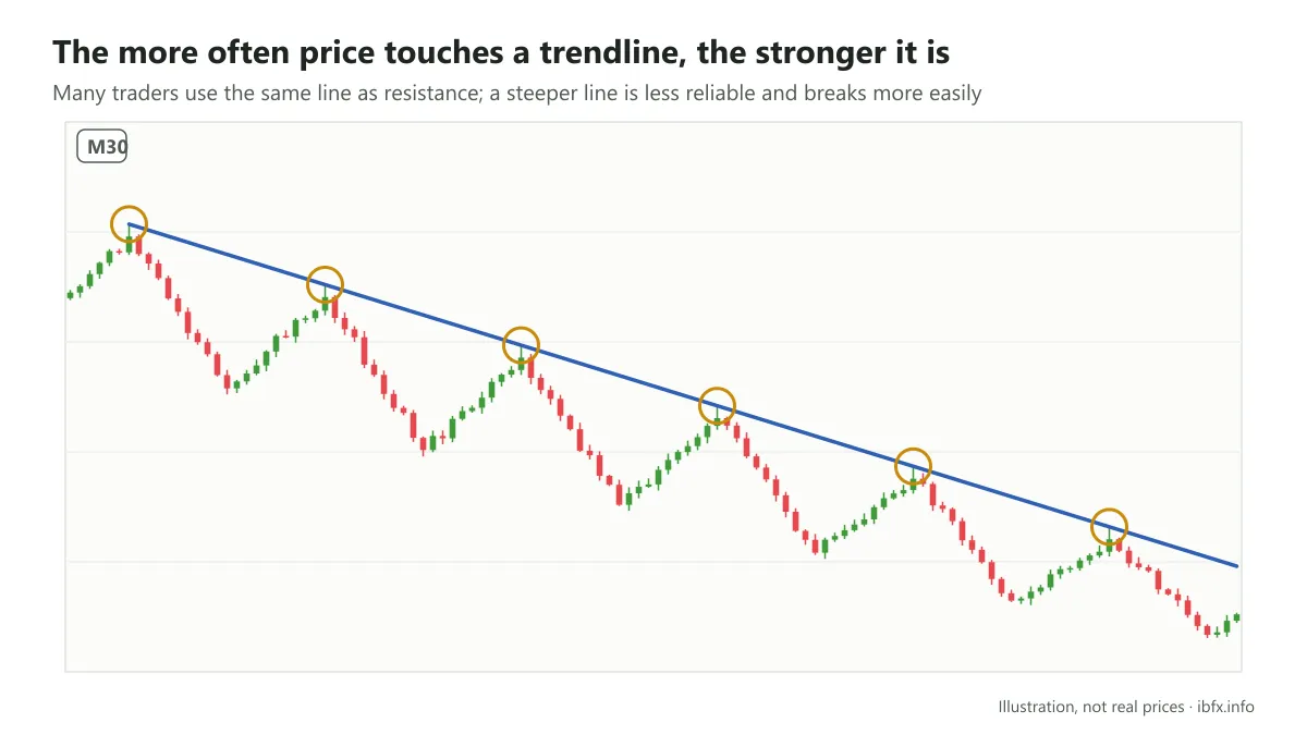 Chart on M30: a falling trendline touched by price many times, each touch circled
