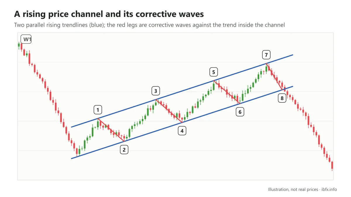 Chart illustrating a rising price channel with two parallel blue trendlines, waves numbered 1 to 8 and corrective legs in red