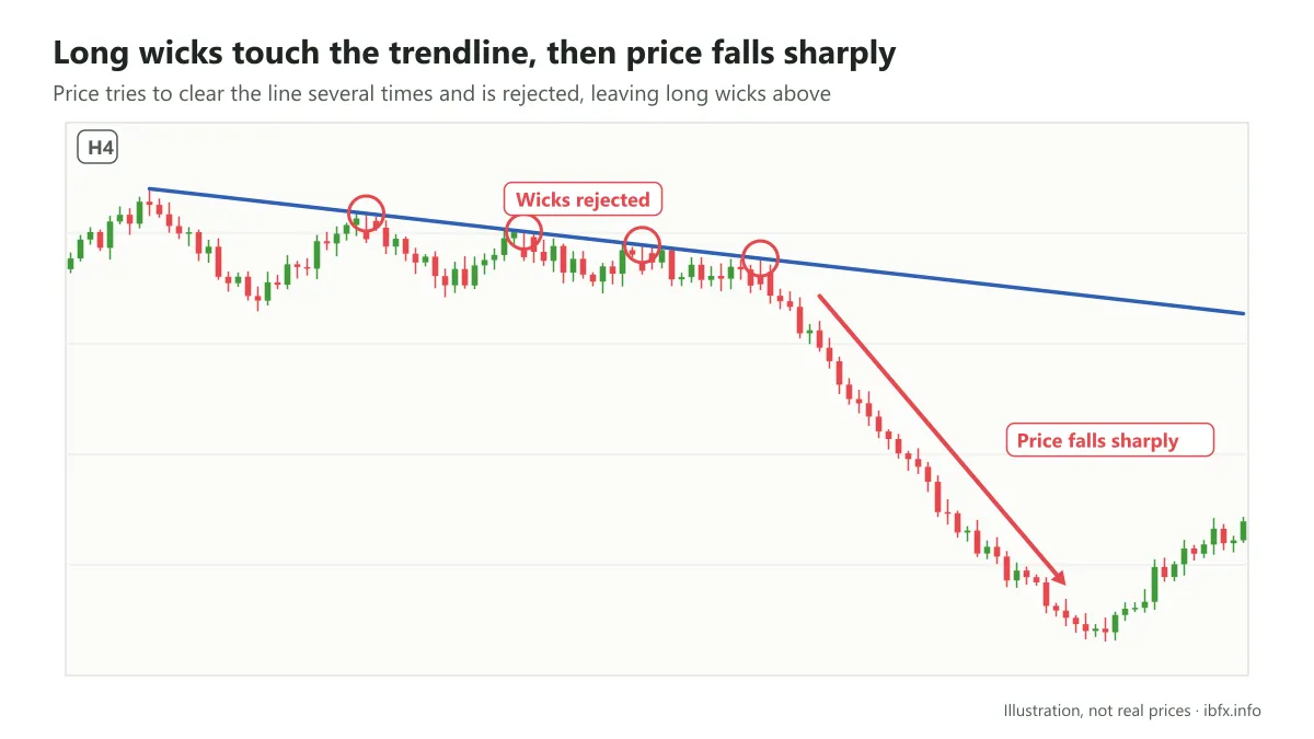 Chart on H4: several candles with long upper wicks touch the falling trendline, price is rejected and then falls sharply