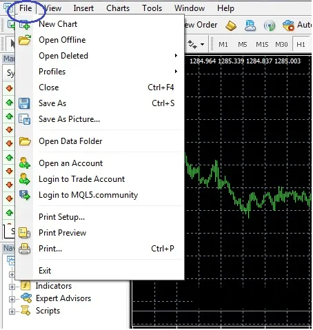 The File menu in MT4 with New Chart, Open an Account and Login to Trade Account