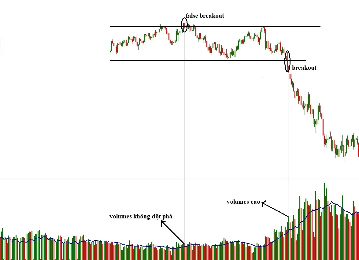 Chart with a volume panel below: flat volume under the false breakout, and a sharp rise in volume under the successful break