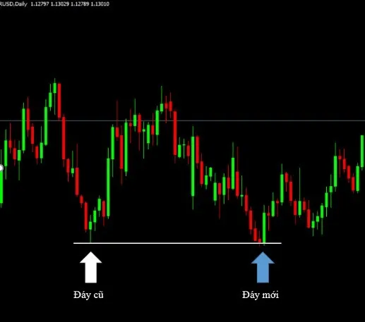 MT4 daily chart where price comes back to an earlier low marked by a horizontal line and forms a new low at the same level