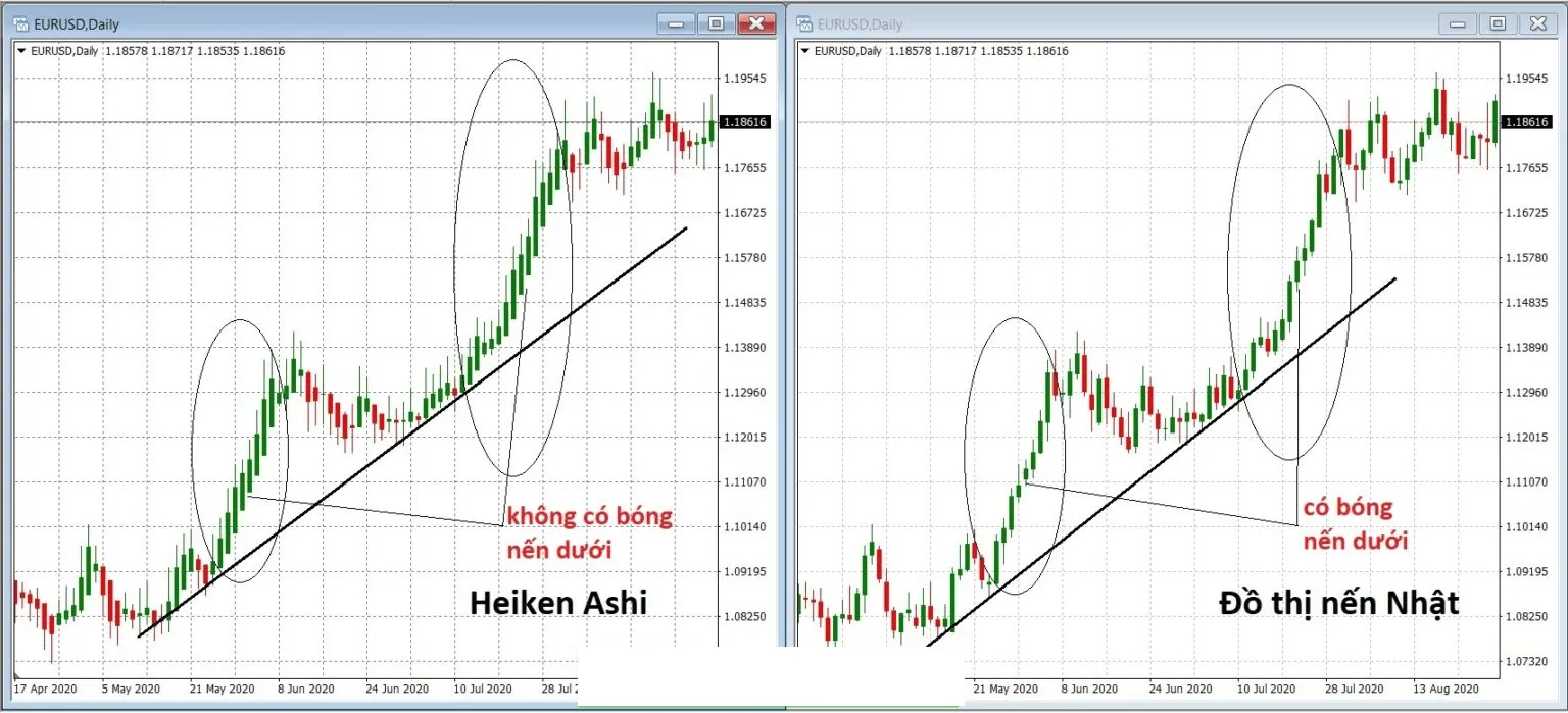 Two MT4 windows of EUR/USD daily, Heiken Ashi on the left with no lower wicks in the uptrend and the Japanese candlestick chart on the right with lower wicks