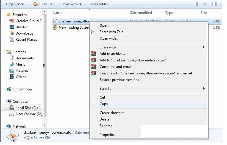 The folder holding the chaikin-money-flow-indicator file, with Copy picked in the right-click menu