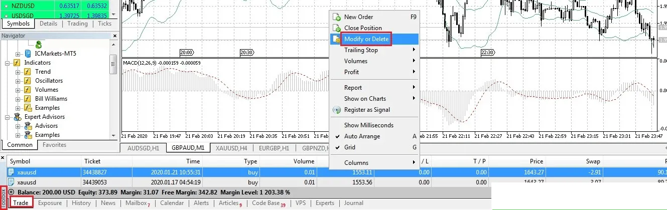 The right-click menu on an open trade in the Trade tab of the MetaTrader terminal, with Modify or Delete Order chosen