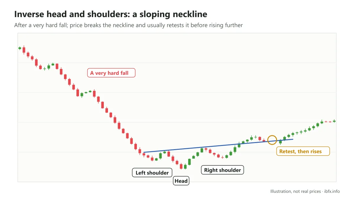Illustration of an inverse head and shoulders after a very hard fall with a sloping neckline; price breaks it, retests and then rises further