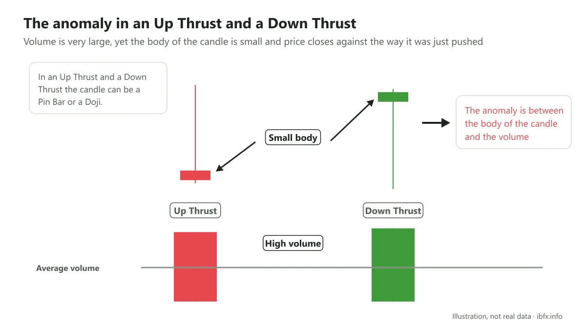 Diagram of an Up Thrust and a Down Thrust: a small body with the close against the way price was pushed, while the volume bar towers over the average