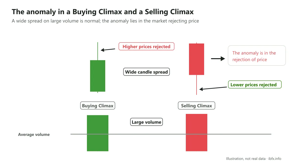Diagram of a Buying Climax and a Selling Climax: a very wide candle on large volume, with a long wick showing the market rejecting price
