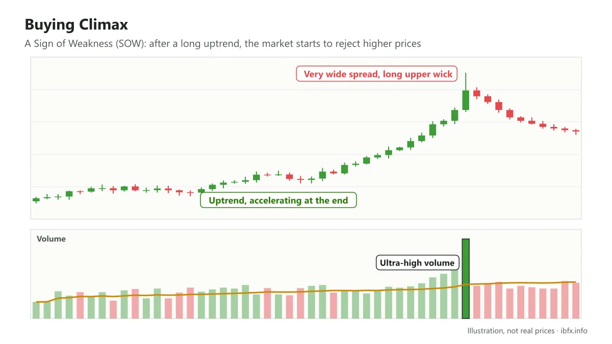 Buying Climax: after an uptrend that accelerates, a bullish candle with a very wide range and a long upper wick on ultra-high volume