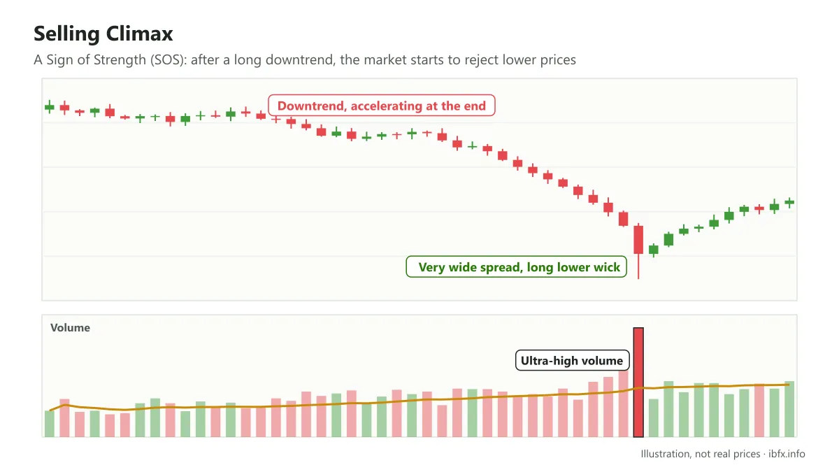 Selling Climax: after a downtrend that accelerates, a bearish candle with a very wide range and a long lower wick on ultra-high volume
