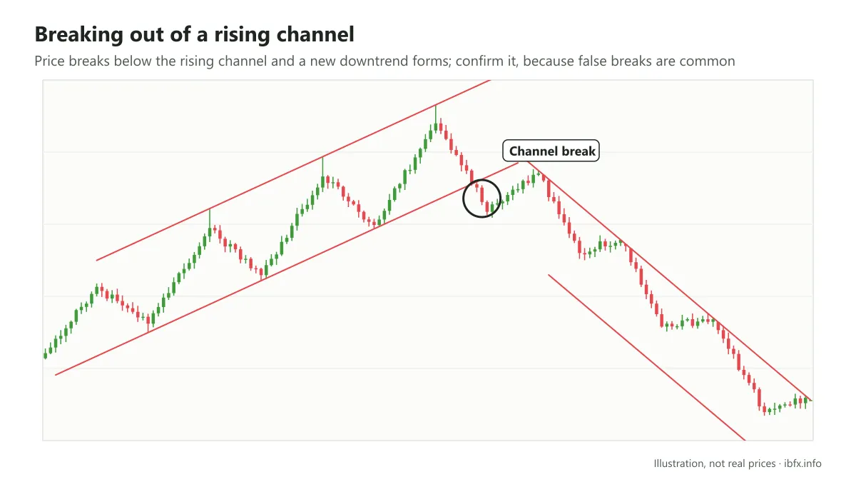 Illustration of price breaking below a rising price channel and then forming a new downtrend inside a falling channel