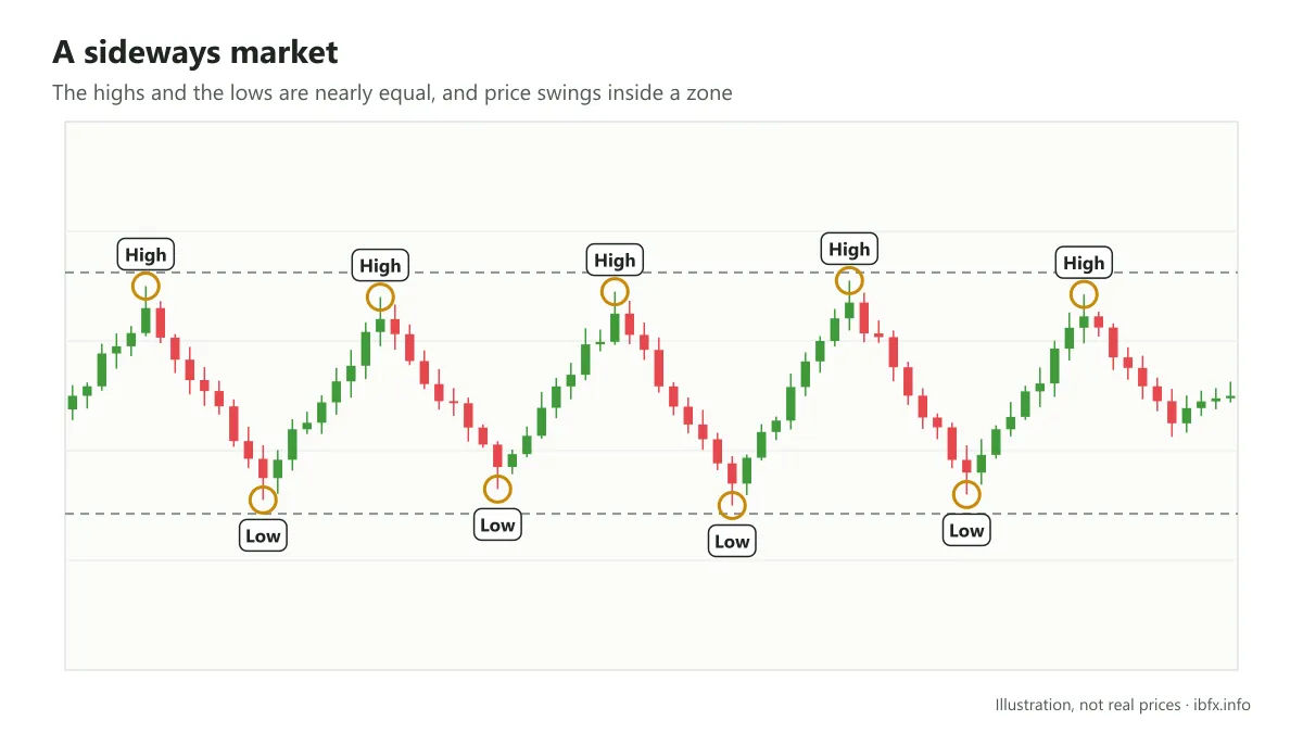 Chart illustrating a sideways market: the highs are nearly equal, the lows are nearly equal, and price swings inside a zone