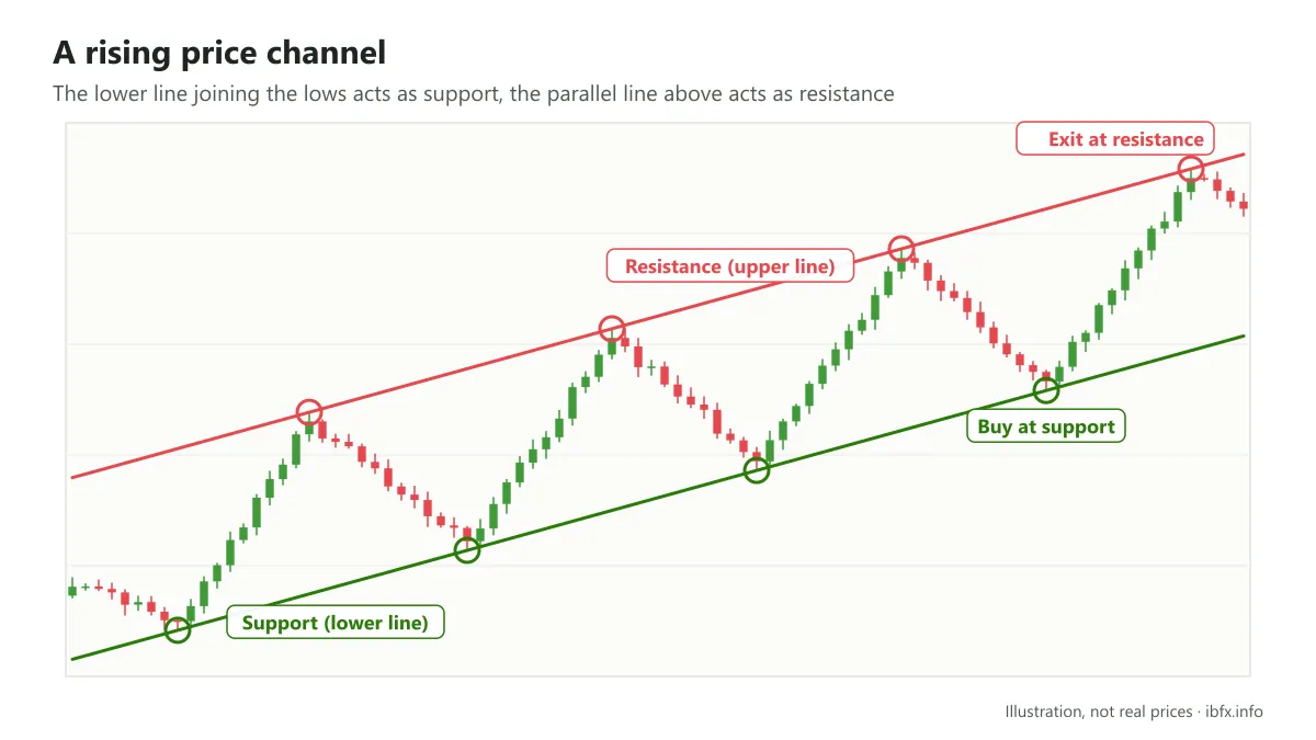 Chart illustrating a rising price channel: the lower line is support and the parallel upper line is resistance; Buy at support, exit at resistance