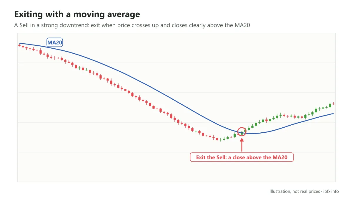 Chart illustrating an exit from a Sell when price crosses up and closes above the MA20 after a downtrend